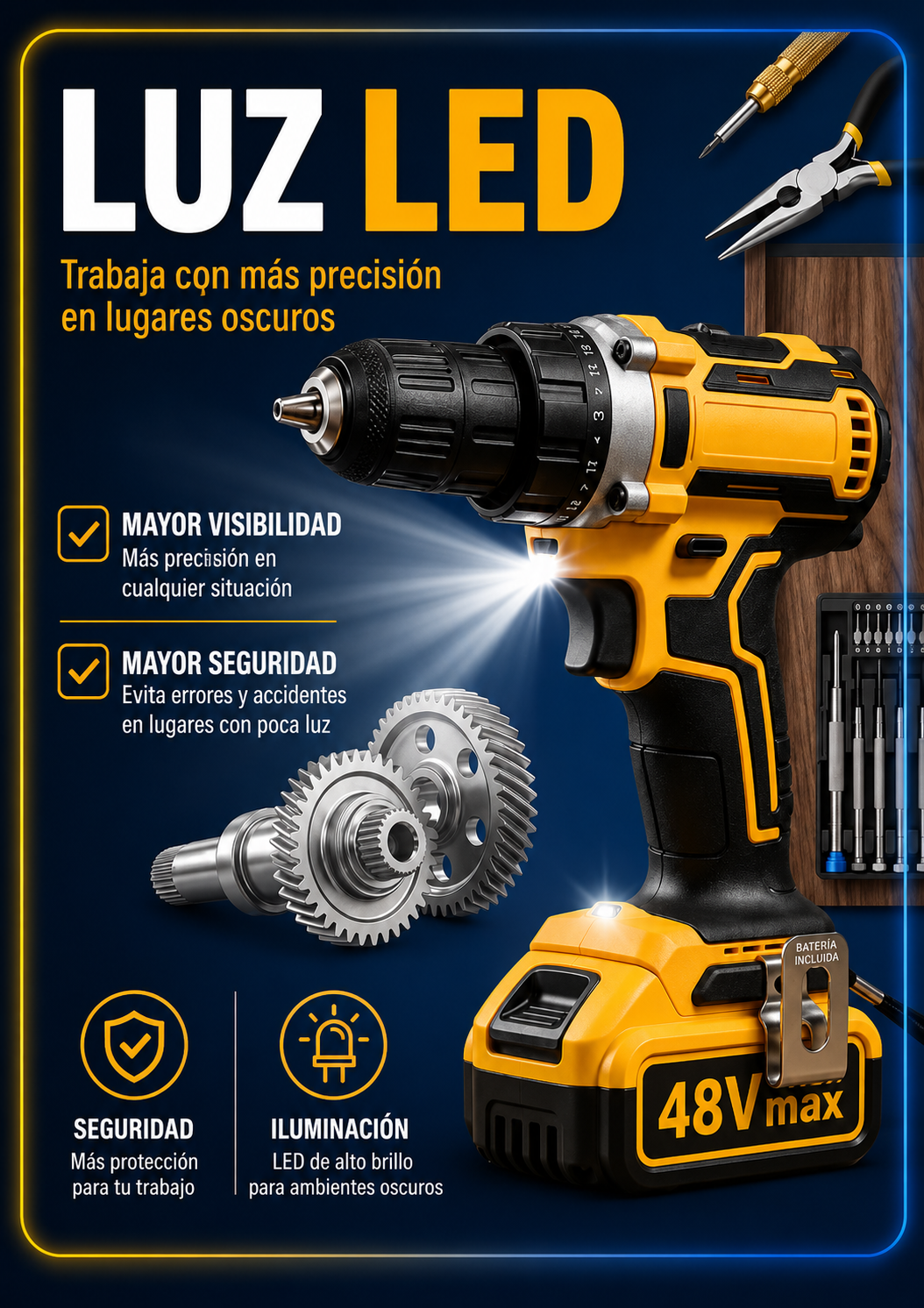 Taladro inalámbrico 48V + 2 baterías de regalo + maletín + envío gratis + pago contra entrega + garantía.